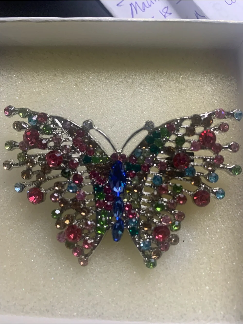 Beautiful Silver Tone Butterfly Brooch Pin With Multi Colored Rhinestones